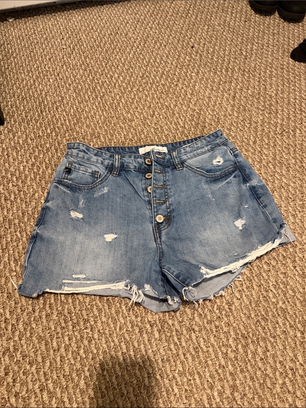 KanCan Light Blue Distressed Button-Front Jean Shorts